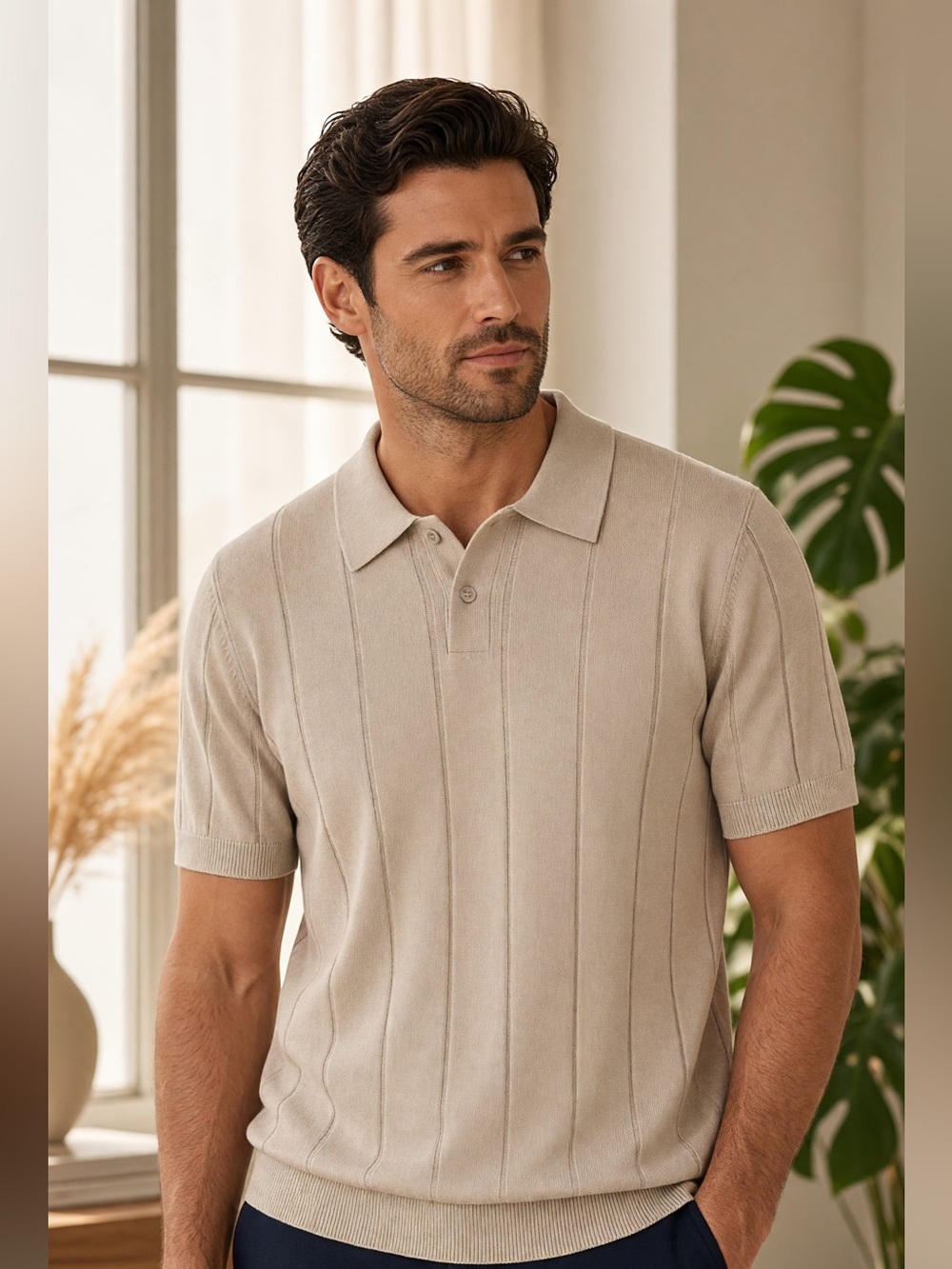 NWT Tahari Men's XXL Sand Beige Viscose Blend Short Sleeve Knit Polo Shirt